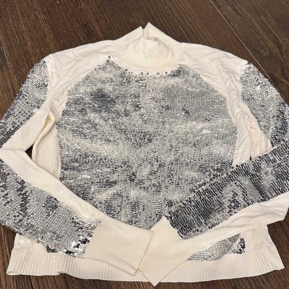 H&M White and Silver Sequin Mock Neck Sweater